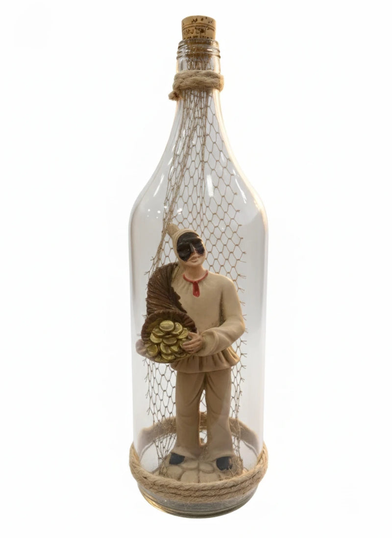 Pulcinella in a Bottle with Net and Cornucopia – Neapolitan Artisan Sculpture