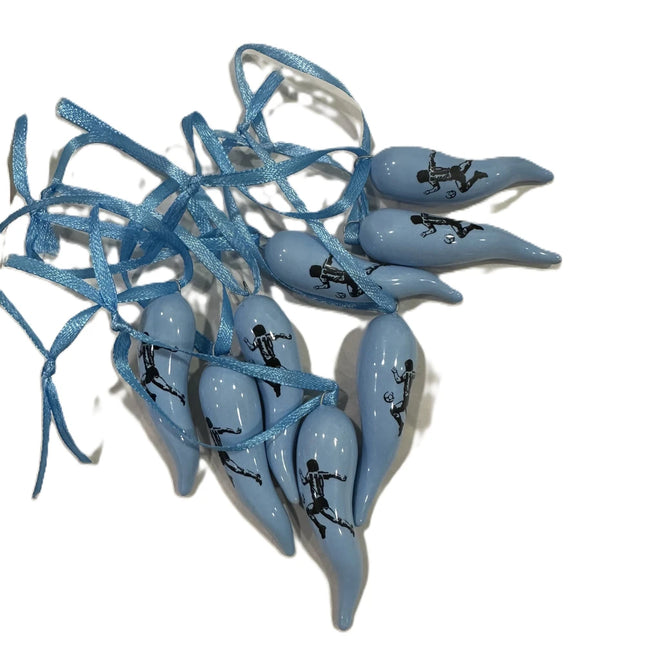 Cornicello  Portafortuna Celeste Napoli in Ceramica con Logo e Laccetto, Amuleto Scaramantico Napoletano Fatto a Mano, Regalo Tifosi Azzurri