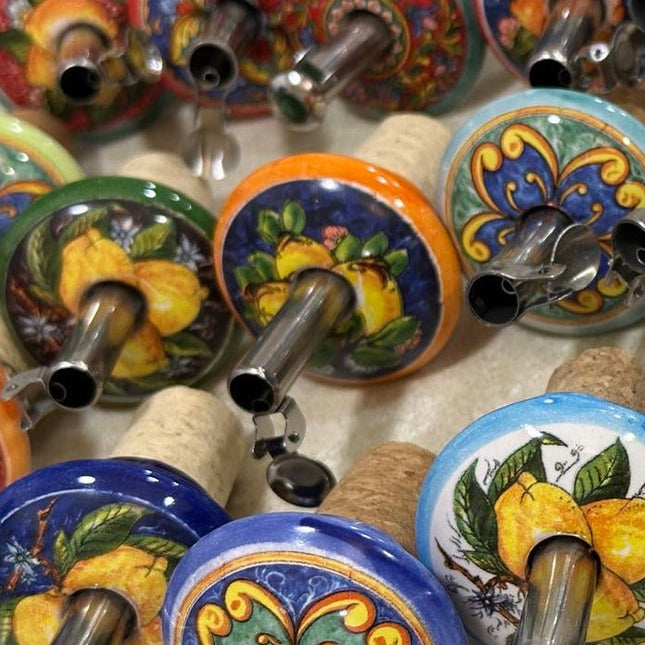 Handmade Ceramic and Steel Pourer Stopper - Lemons Made in Italy