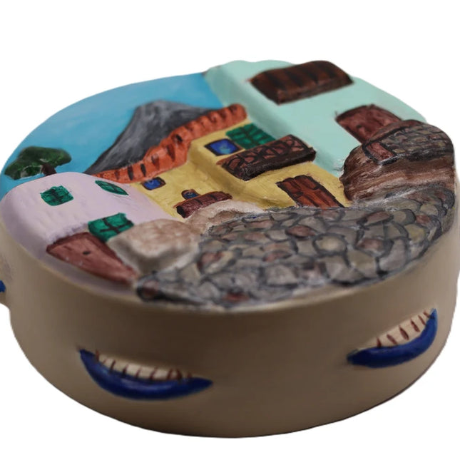 Tamburello Napoletano in Ceramica Dipinto a Mano - Scorcio Partenopeo con Vesuvio e Case Tipiche