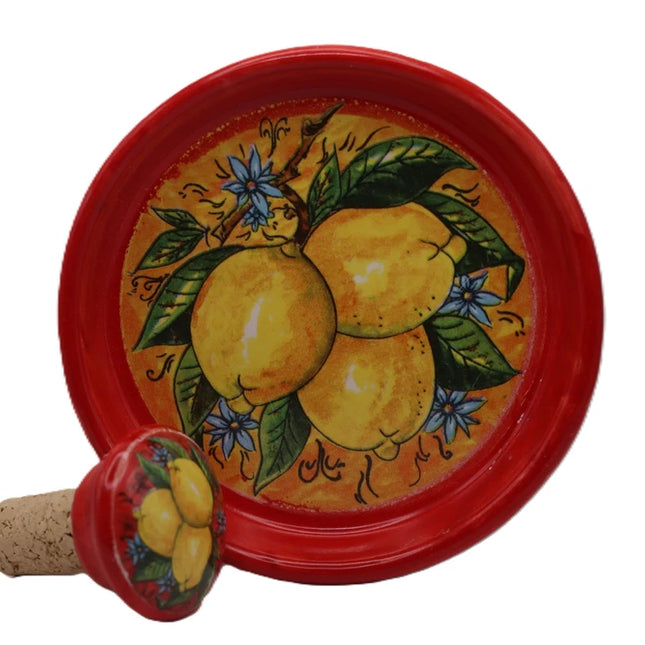 Set Regalo Tappo Bottiglia + Piattino Sottobottiglia in Ceramica | Limoni Dipinti a Mano