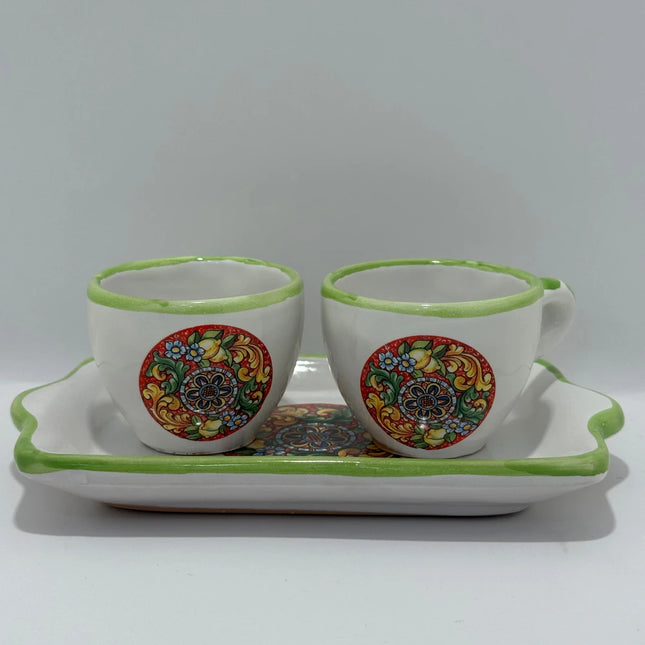 Set Vassoio + 2 Tazzine in Ceramica Artigianale Napoletana - Decoro Maioliche