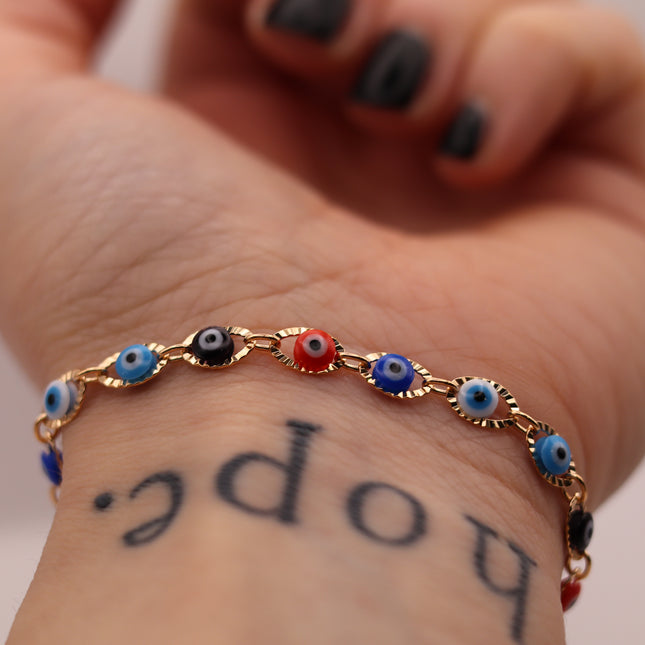 Bracciale Occhio di Allah Portafortuna - Amuleto Nazar contro il Malocchio - Catena in Acciaio Inox Oro o Argento - Regalo Scaramantico Donna e Ragazza