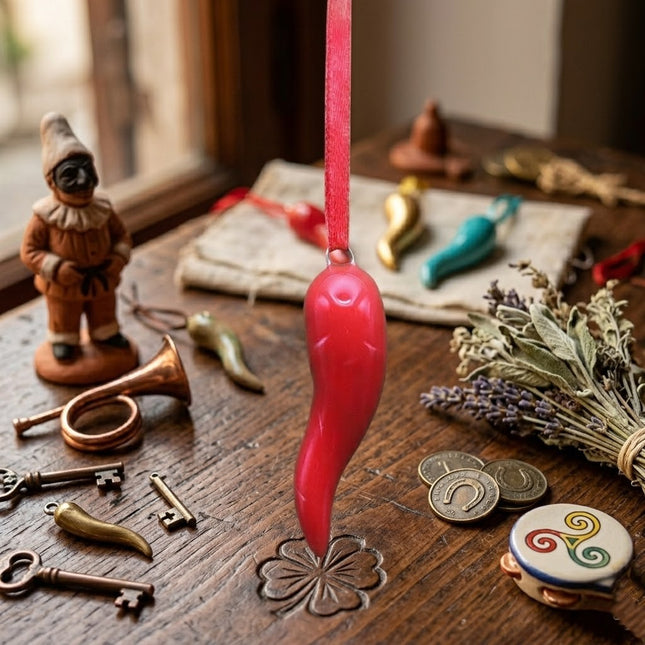 Amuleto della Felicità: Cornetto in Ceramica con nastrino in  seta  Rossa