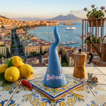 Corno Portafortuna Napoli Azzurro 20 cm - Curniciello Napoletano Ceramica - Regalo Scaramantico Tradizionale - Souvenir Napoli Fatto a Mano