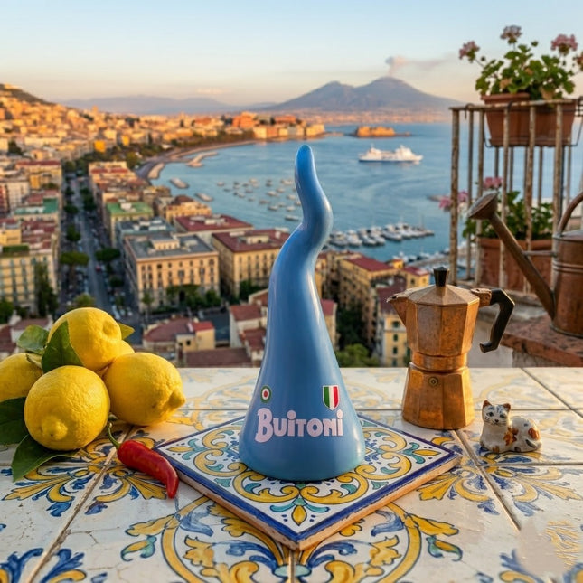 Corno Portafortuna Napoli Azzurro 20 cm - Curniciello Napoletano Ceramica - Regalo Scaramantico Tradizionale - Souvenir Napoli Fatto a Mano