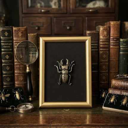 Quadro 3D Scarabeo Cervo (Lucanus) in Cornice Verticale Oro – Fatto a Mano, Decorazione Appesa/Mensola