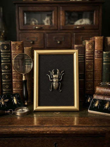 Quadro 3D Scarabeo Cervo (Lucanus) in Cornice Verticale Oro – Fatto a Mano, Decorazione Appesa/Mensola