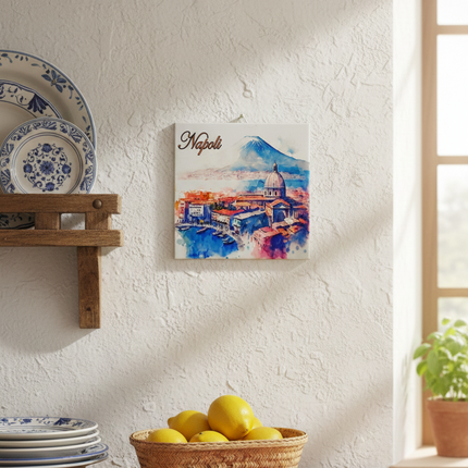 Mattonella in Ceramica 15x15cm Artigianale | Napoli: Golfo, Duomo e Vesuvio | Souvenir Artistico da Parete