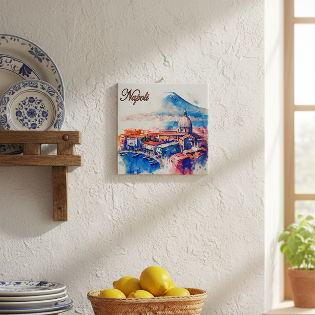 Mattonella in Ceramica 15x15cm Artigianale | Napoli: Golfo, Duomo e Vesuvio | Souvenir Artistico da Parete