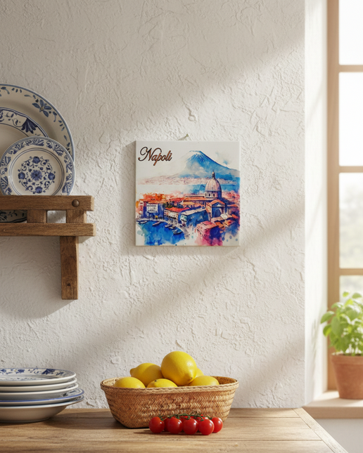 Mattonella in Ceramica 15x15cm Artigianale | Napoli: Golfo, Duomo e Vesuvio | Souvenir Artistico da Parete