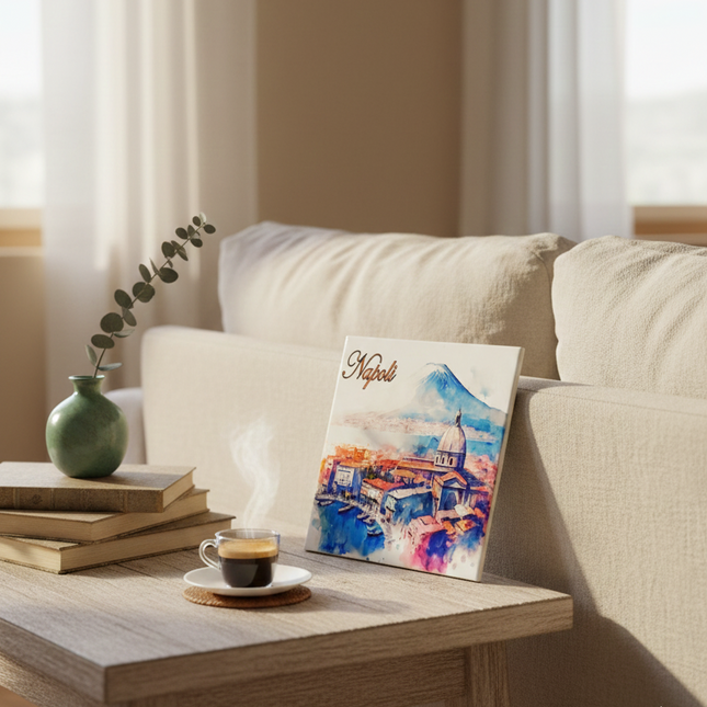 Mattonella in Ceramica 15x15cm Artigianale | Napoli: Golfo, Duomo e Vesuvio | Souvenir Artistico da Parete