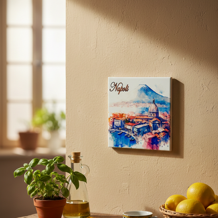 Mattonella in Ceramica 15x15cm Artigianale | Napoli: Golfo, Duomo e Vesuvio | Souvenir Artistico da Parete