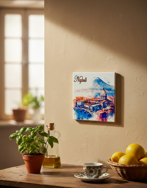 Mattonella in Ceramica 15x15cm Artigianale | Napoli: Golfo, Duomo e Vesuvio | Souvenir Artistico da Parete