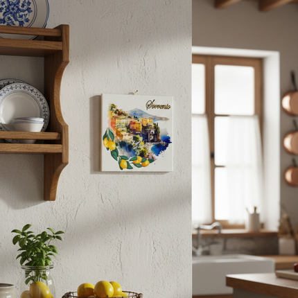 Mattonella in Ceramica 15x15cm Artigianale | Sorrento: Terrazze e Limoni | Decorazione Murale Artigianato Italiano