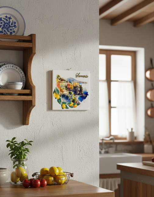 Mattonella in Ceramica 15x15cm Artigianale | Sorrento: Terrazze e Limoni | Decorazione Murale Artigianato Italiano