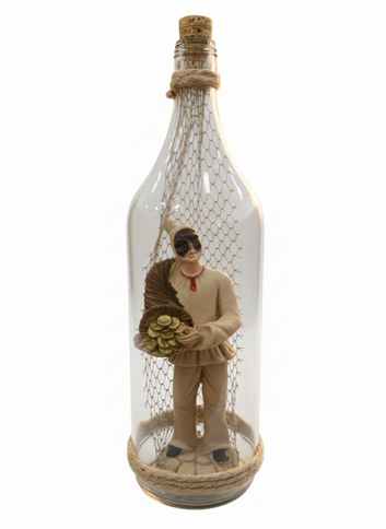 Pulcinella in Bottiglia con Rete e Cornucopia – Scultura Artigianale Partenopea