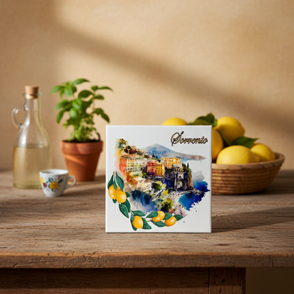 Mattonella in Ceramica 15x15cm Artigianale | Sorrento: Terrazze e Limoni | Decorazione Murale Artigianato Italiano