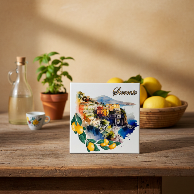 Mattonella in Ceramica 15x15cm Artigianale | Sorrento: Terrazze e Limoni | Decorazione Murale Artigianato Italiano