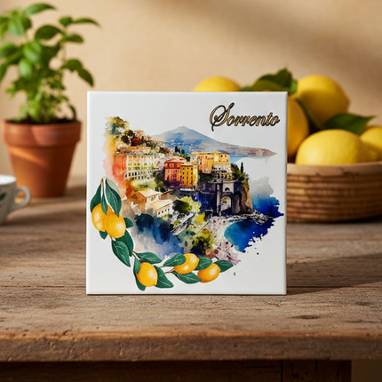 Mattonella in Ceramica 15x15cm Artigianale | Sorrento: Terrazze e Limoni | Decorazione Murale Artigianato Italiano