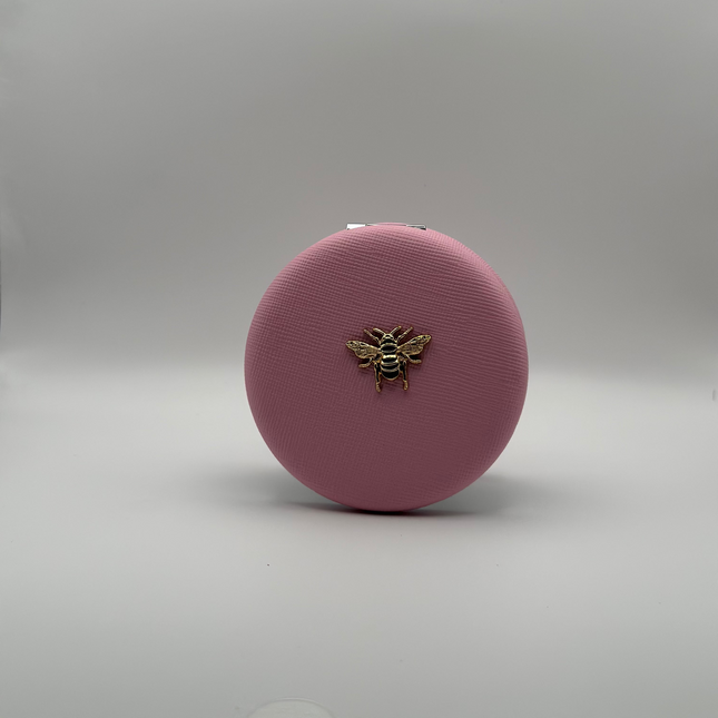 Round Faux Leather Compact Mirror – With Bee Detail (Black, Pink, Cream)