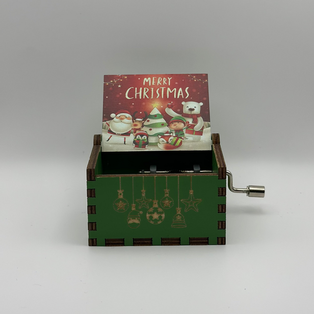 Green Wooden Christmas Music Box – Hand-Crank Musical Box with Merry Christmas Theme