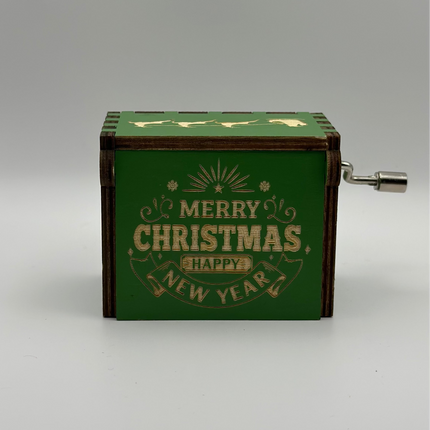 Carillon Natalizio in Legno Verde – Scatola Musicale con Manovella Tema Merry Christmas