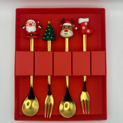 Set Posate da Festa Dorate con Topper Natalizi - Babbo Natale e Renna