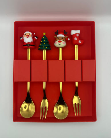 Set Posate da Festa Dorate con Topper Natalizi - Babbo Natale e Renna