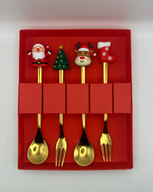 Set Posate da Festa Dorate con Topper Natalizi - Babbo Natale e Renna
