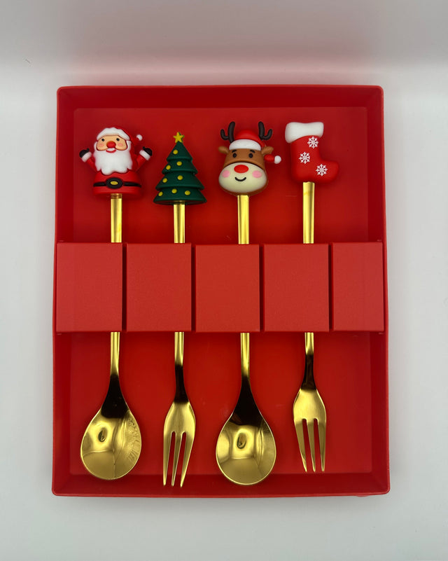 Gold Party Cutlery Set with Christmas Toppers - Santa Claus and Reindeer