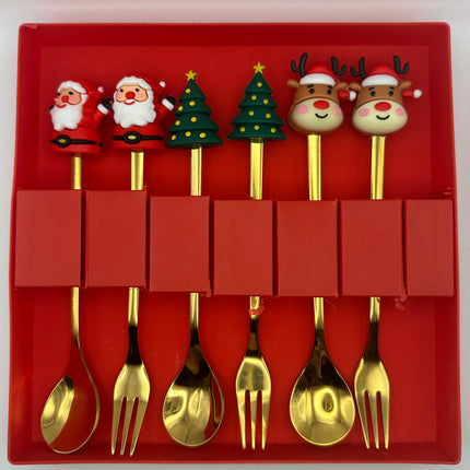 Set Posate da Festa Dorate con Topper Natalizi - Babbo Natale e Renna