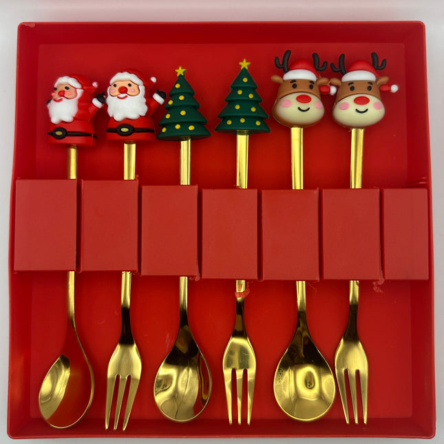Set Posate da Festa Dorate con Topper Natalizi - Babbo Natale e Renna