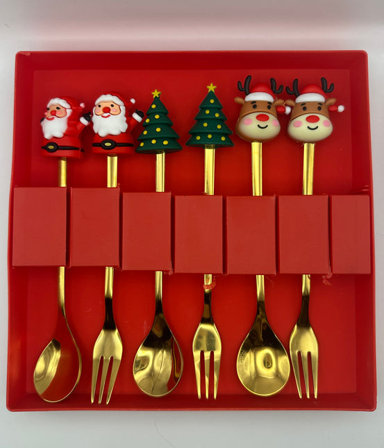 Set Posate da Festa Dorate con Topper Natalizi - Babbo Natale e Renna