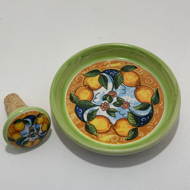 Hand-Painted Lemons Ceramic Bottle Stopper + Coaster Gift Set