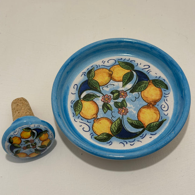 Hand-Painted Lemons Ceramic Bottle Stopper + Coaster Gift Set