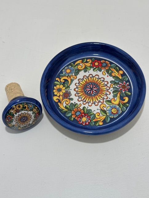 Set Regalo Tappo Bottiglia + Piattino Sottobottiglia in Ceramica | Limoni Dipinti a Mano
