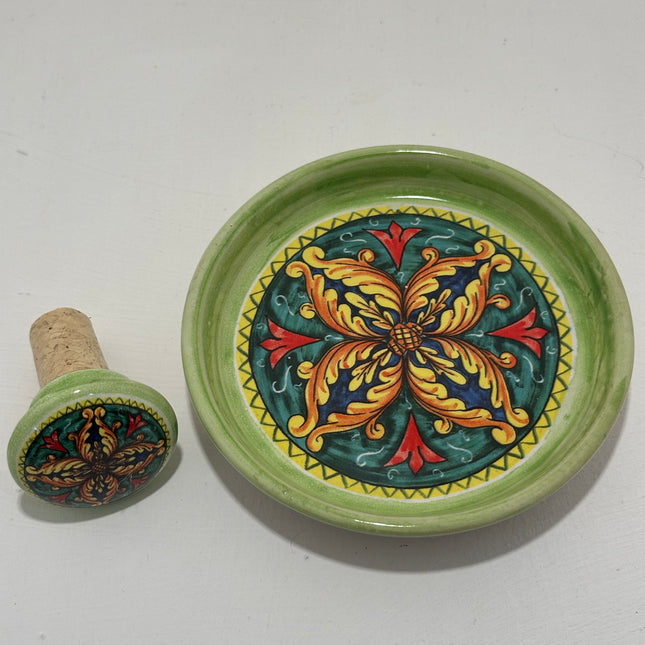 Bottle Stopper + Ceramic Bottle Coaster Gift Set | Hand-Painted Majolica