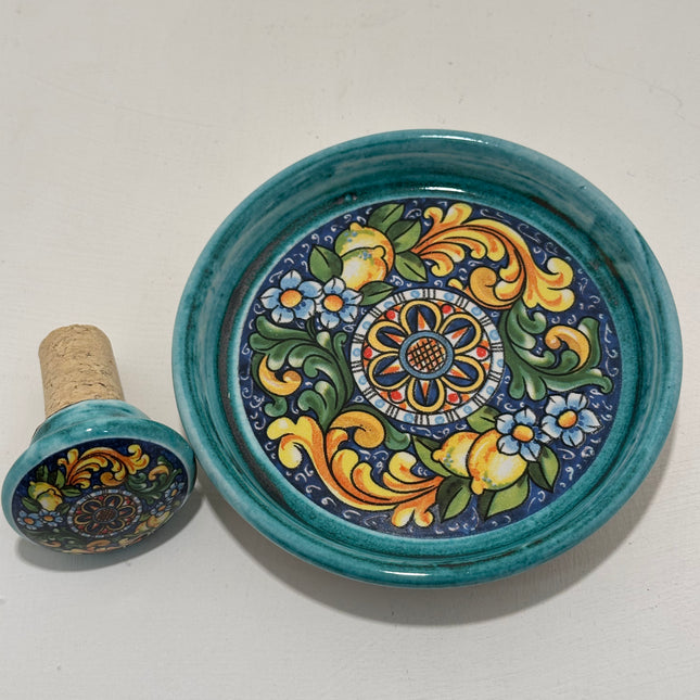 Bottle Stopper + Ceramic Bottle Coaster Gift Set | Hand-Painted Majolica