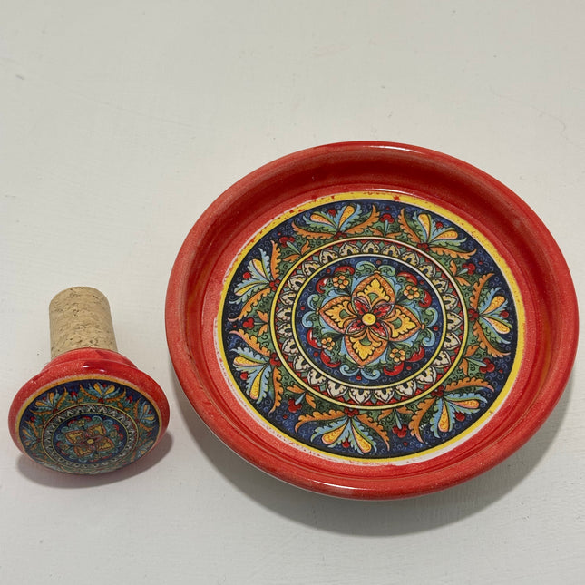 Bottle Stopper + Ceramic Bottle Coaster Gift Set | Hand-Painted Majolica