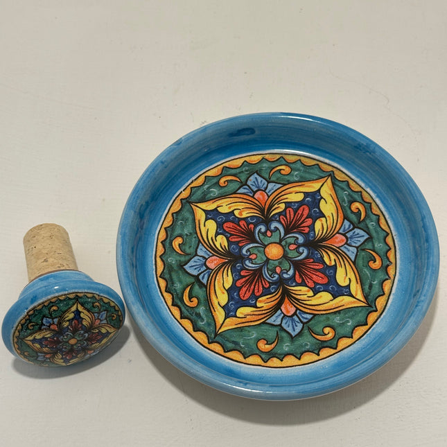 Bottle Stopper + Ceramic Bottle Coaster Gift Set | Hand-Painted Majolica
