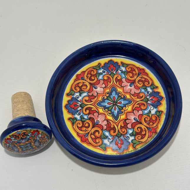 Bottle Stopper + Ceramic Bottle Coaster Gift Set | Hand-Painted Majolica