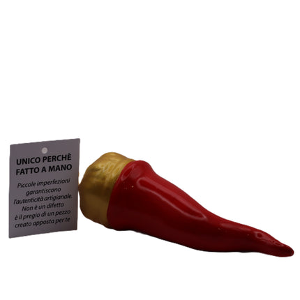Corno Portafortuna in Ceramica 16 cm – Rosso Scarlatto con Corona Oro Zecchino – Cornetto Napoletano Artigianale Fatto a Mano
