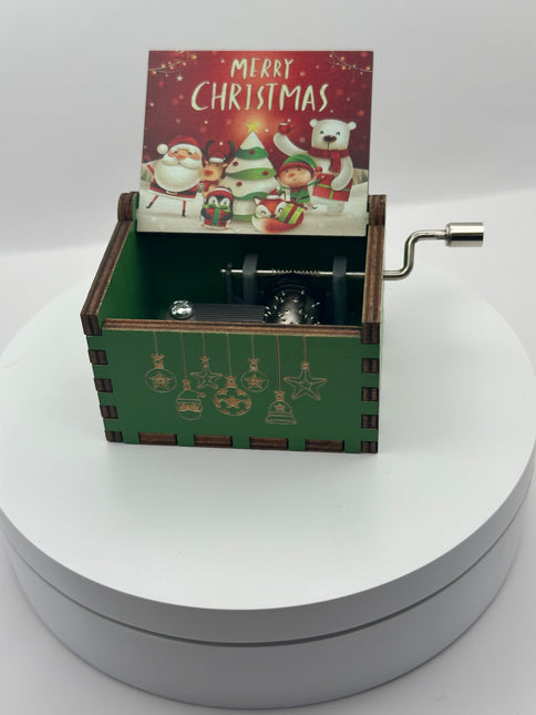 Carillon Natalizio in Legno Verde – Scatola Musicale con Manovella Tema Merry Christmas
