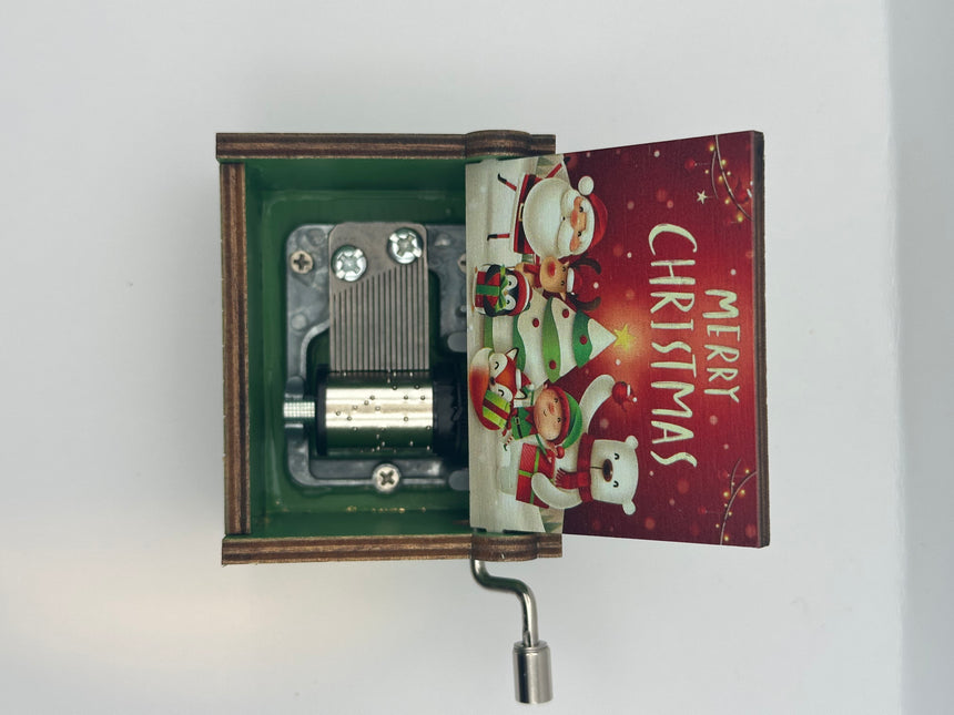 Carillon Natalizio in Legno Verde – Scatola Musicale con Manovella Tema Merry Christmas