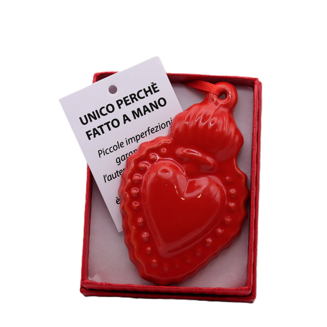 Red Ceramic Sacred Heart, 9 cm Ex-Voto with Ribbon and Gift Box, Handmade Wall Decoration, Love and Protection Gift.