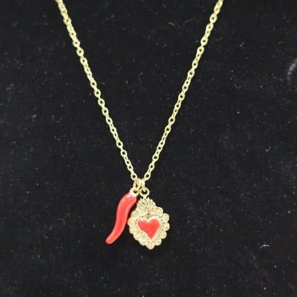 Collana Iconica in Acciaio Inossidabile Oro e Argento – Girocollo Simbolico con Cuore Sacro o Ciondoli Portafortuna (Cuore e Cornetto Rosso), Gioiello Waterproof e Anallergico.