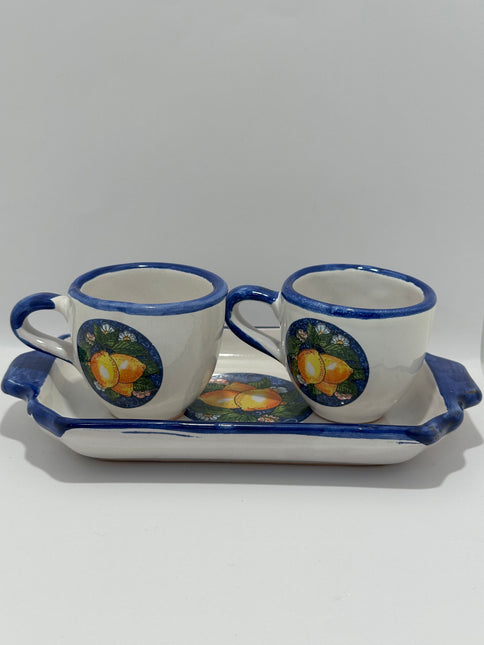 Set Vassoio + 2 Tazzine in Ceramica Artigianale Napoletana - Decoro Limoni