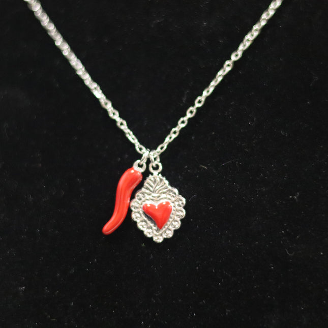 Collana Iconica in Acciaio Inossidabile Oro e Argento – Girocollo Simbolico con Cuore Sacro o Ciondoli Portafortuna (Cuore e Cornetto Rosso), Gioiello Waterproof e Anallergico.