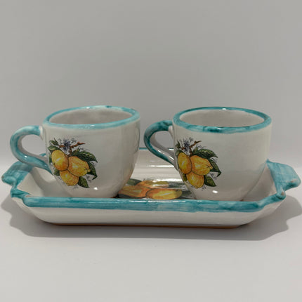 Set Vassoio + 2 Tazzine in Ceramica Artigianale Napoletana - Decoro Limoni
